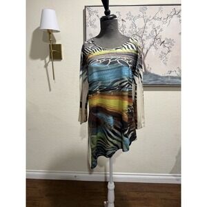 Jess & Jane ‎ Animal Print Rhinestone Blouse assymetrical hem L Y2K